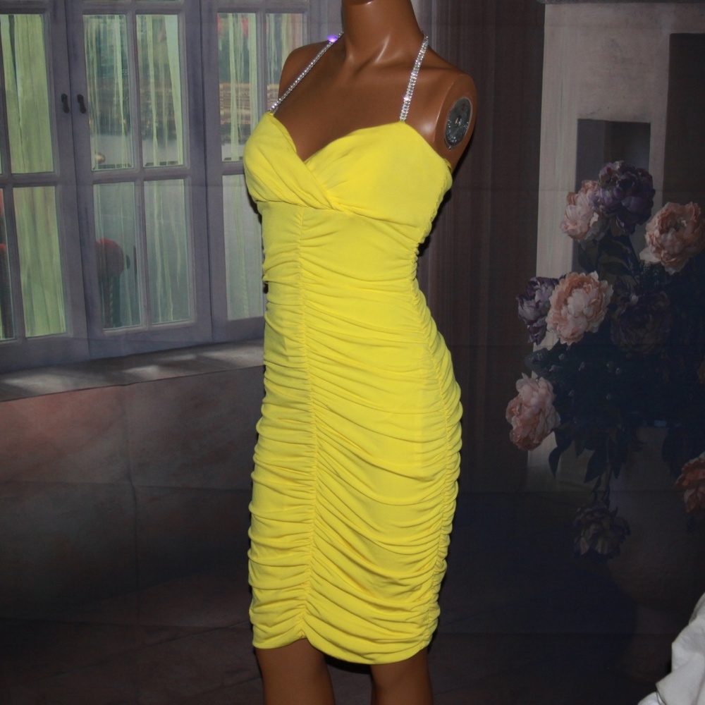 Cache Bright Yellow Ruched Midi Dress with Rhinestone Straps